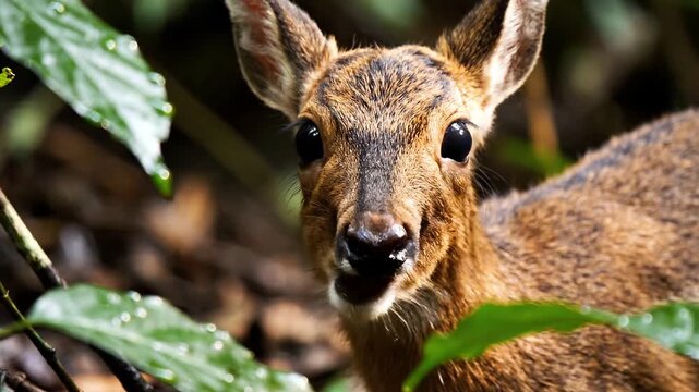 Detailed close-up of a rare chevrotain mouse-deer in its natural forest environment