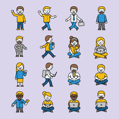Fototapeta premium Diverse Collection of Business People and Tech Users in Flat Line Art Style Illustrations, Engaging in Various Daily Activities and Workflows with Laptops and Smartphones