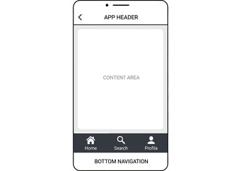 Minimalist line art wireframe of a mobile application user interface with a simple bottom navigation bar
