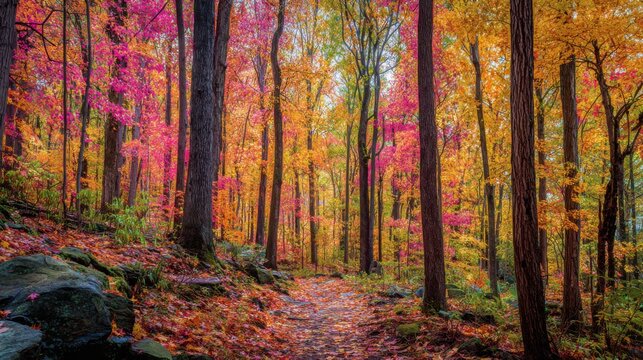 Deep woods in the fall season full of red yellow orange green and purple trees showing a wonderful landscape and falling leaves
