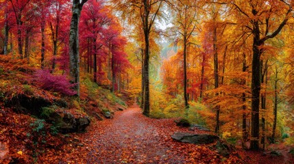 Fototapeta premium Deep woods in the fall season full of red yellow orange green and purple trees showing a wonderful landscape and falling leaves 