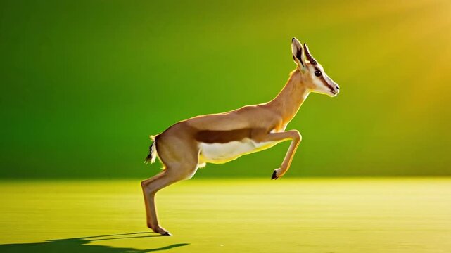 Graceful African Gazelle Jumping Through Vibrant Green Meadow at Sunset