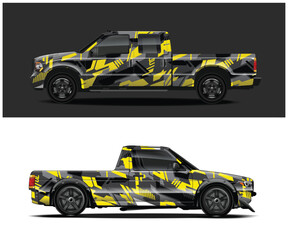 Yellow and black camouflage pickup truck from two angles