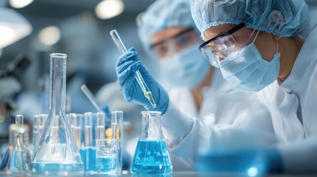 Pharmaceutical industry scientists in laboratory coats on blurred background