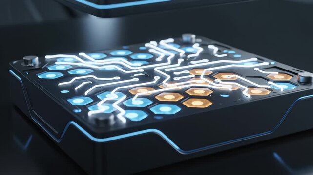 Futuristic black technology box opening to reveal glowing blue and orange hexagonal circuit board patterns representing artificial intelligence and advanced computing
