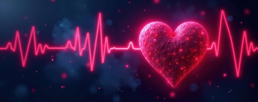 Abstract heart rhythm visualization; binary code streams, data points, screen, chart