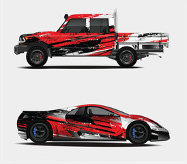 Fototapeta premium Red sports car and pickup truck with flame design