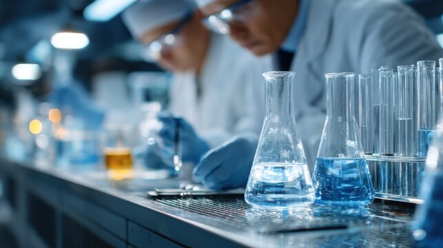 Pharmaceutical industry scientists in laboratory coats on blurred background
