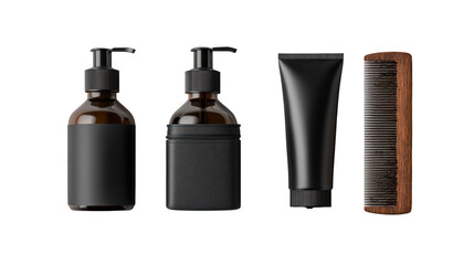 Four personal care products on transparent background for grooming routine