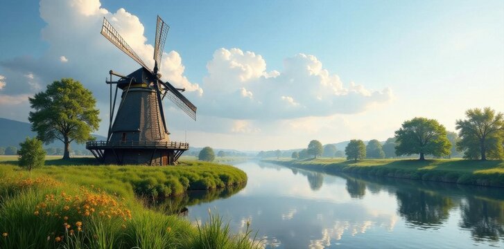 Ancient windmill stands sentinel over tranquil river , building, holland