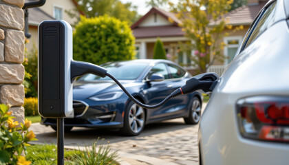 Electric vehicle charging station with car plugged in, showcasing modern technology and eco friendly transportation. scene is set in residential area, highlighting convenience and sustainability