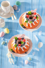 Delicious ring cake for Easter with festive spirit decor.