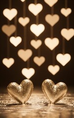 Obraz premium Golden hearts glittering on dark surface, soft bokeh lights in background.