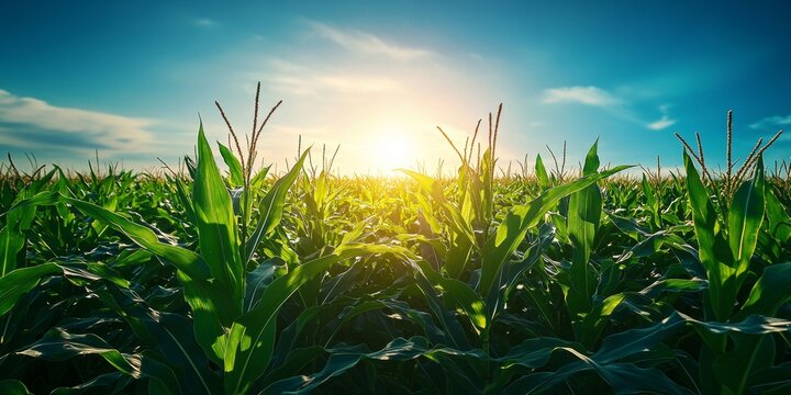 Warm sunrise over corn stalks with sunbeams shining through plants.