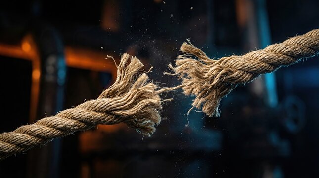 Thick rope snapping under tension, frayed ends flying apart in dramatic fashion
