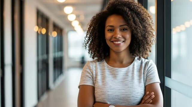 Smiling young woman with curly hair standing in office hallway with arms crossed and a watch on her wrist