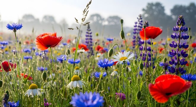 Vibrant Wildflower Meadow in Bloom Under a Misty Morning Sky, Showcasing a Diverse Array of Colorful Blooms in a Natural Setting