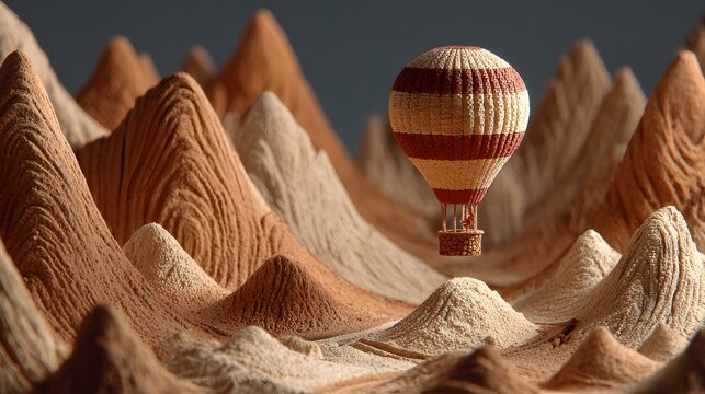 Hot air balloon soa over miniature desert mountains with detailed sand formations and vibrant striped balloon in a scenic landscape