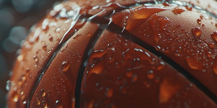 A single basketball with a glossy surface reflecting light and drops of water.