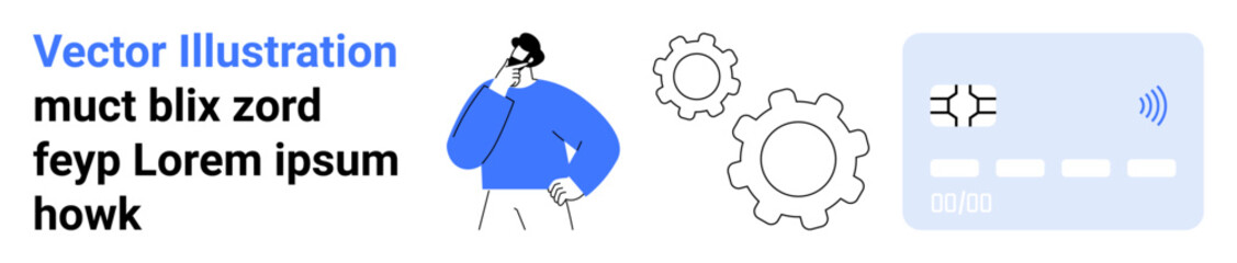 Technology, innovation, problem-solving, digital payment, workflow automation, brainstorming. Male figure in blue pondering with gears and contactless smart card. Technology and innovation concept