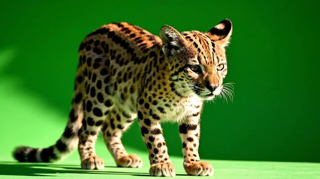 Beautiful small wild cat ocelot kitten standing on a green screen background in studio.