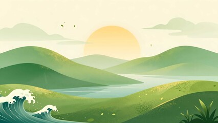 Obraz premium Minimal matcha Japanese landscape capturing glowing sunrise, calm waves, and gentle watercolor sky