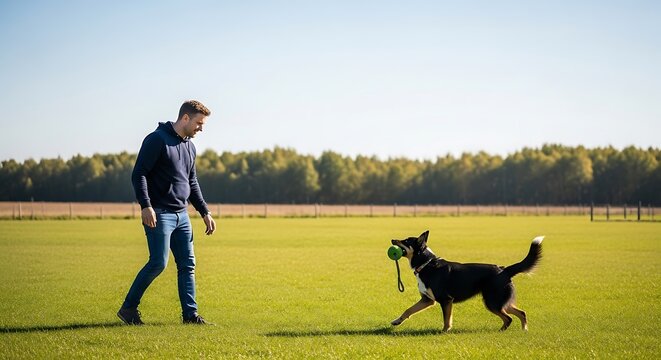 Man playing fetch with his dog in a large grassy field on a sunny day