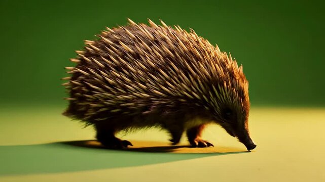 Side view of a prickly short-beaked echidna walking across a plain green background.