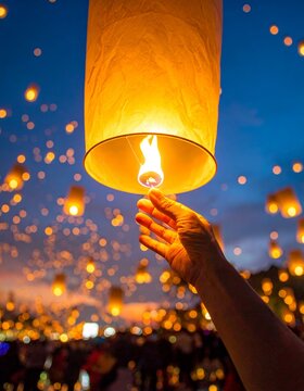 Hand releasing a glowing lantern into the night sky during a festival with many other lanterns floating in the background.