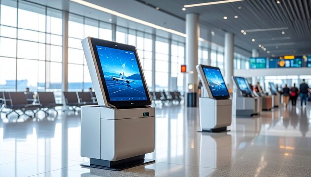 Modern airport terminal with interactive digital kiosks providing information and services to travelers.
