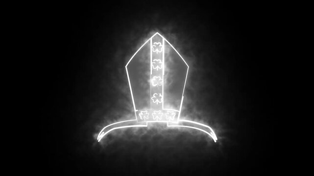 Catholic hat. Bishop mitre with shamrok. Festive decoration. Neon glowing.