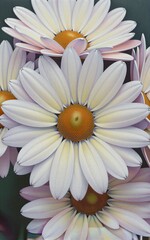 Pastel daisies in soft purple and white, detailed petals against dark background.