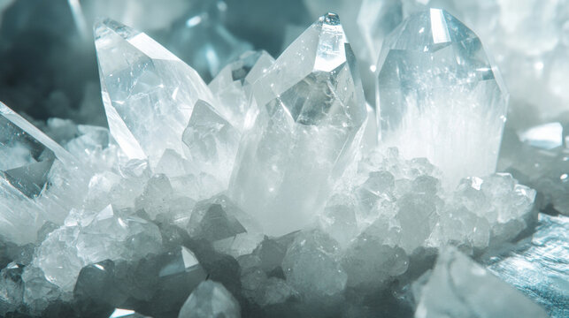 Stunning macro view of a natural clear quartz crystal cluster with translucent points and soft blue ambient lighting, ideal for mineralogy, spiritual healing, and wellness themes.