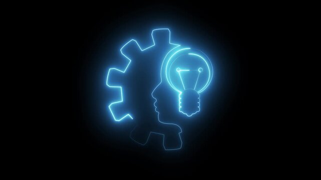 Lamp in the head of a person. Lamp head businessman. Brainwork, idea appearance. Switch on bulb icon with idea text. Neon glowing.