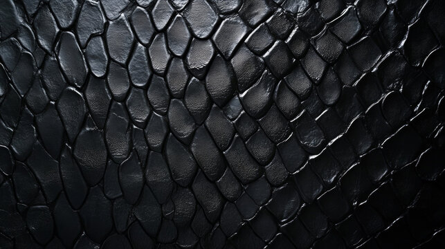 Detailed black snake skin texture showing shiny scales, dark reptilian leather pattern, abstract animal skin background for luxury fashion design and high end products