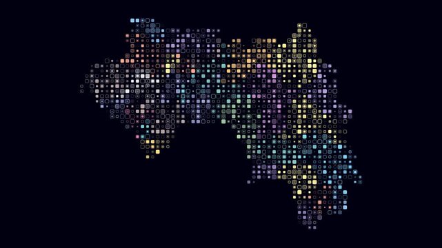 Guinea map animation. Shape of the country with pulsating colored dots. Small size rounded square blocks. Digital style Guinea map on dark background. Stylish video.