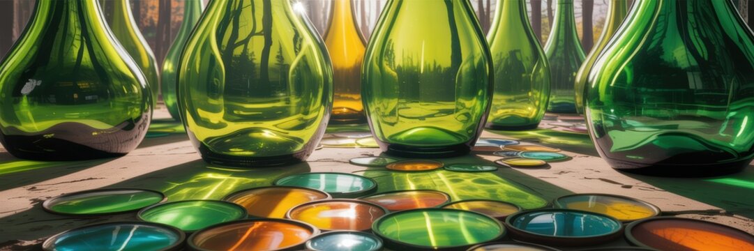 Colorful glass bottles and sunlit glass pebbles on rustic wooden table with vibrant reflections and bokeh in warm natural light