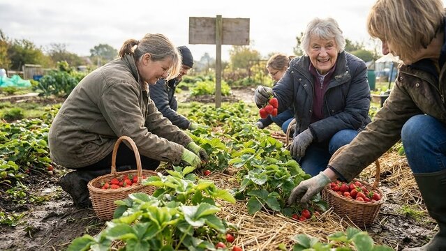 Senior women harvesting strawberries in a community garden, outdoor springtime activity for healthy eating and local farming, cheerful teamwork and retirement lifestyle