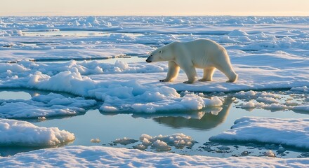 Naklejka premium Majestic polar bear walks across a vast icy landscape reflecting in calm water