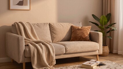 Naklejka premium High-resolution modern living room minimalistic minimalist design focal point beige upholstered sofa wooden legs placed against plain light wall covered