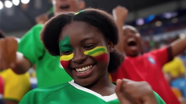 Happy young Black female Senegal soccer fan using smartphone in stadium with cheering crowd background vertical
