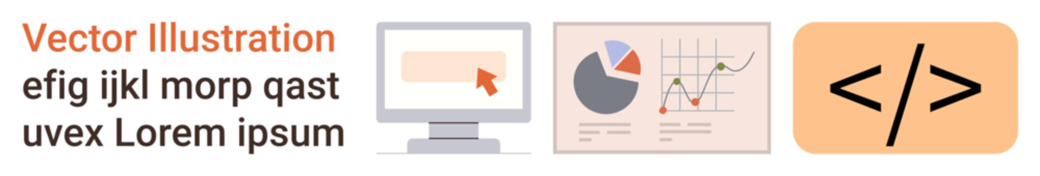 Web development, data analysis, software design, coding education, performance tracking, IT concepts. Monitor with cursor, data charts and coding symbol. Web development and data analysis