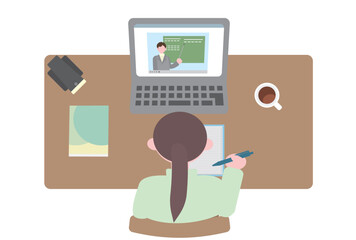 パソコンでオンライン授業をうける女性のイラスト