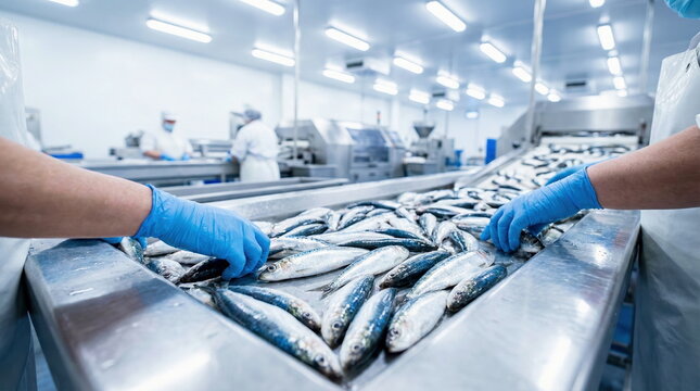 Workers in a modern seafood processing factory sorting fresh fish on a stainless steel conveyor belt, emphasizing hygiene and quality control.