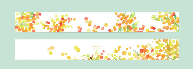 水彩タッチのミモザイラストテンプレート。春のミモザベクターイラスト。ミモザの背景。Watercolor mimosa illustration template. Spring mimosa vector illustration. Mimosa background.