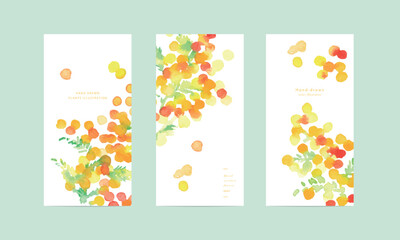 水彩タッチのミモザイラストテンプレート。春のミモザベクターイラスト。ミモザの背景。Watercolor mimosa illustration template. Spring mimosa vector illustration. Mimosa background.