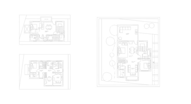 Technical Architectural Drawing Set: Modern House Floor Plans, Residential Blueprints Layouts with Ground Level, First Floor, and Site Plan View.