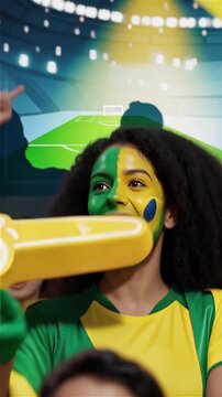 Happy Brazilian female soccer fan cheering with green and yellow face paint and foam finger at stadium background vertical
