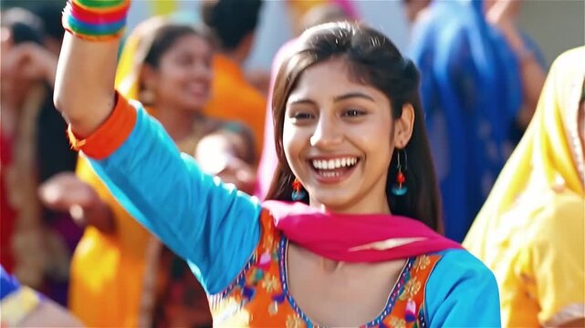 Happy young Indian woman dancing in colorful traditional attire with henna and bangles at festive outdoor celebration background vertical
