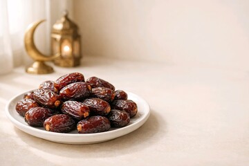Premium quality dates neatly stacked on a white ceramic plate with soft natural window light and minimal background. Clean